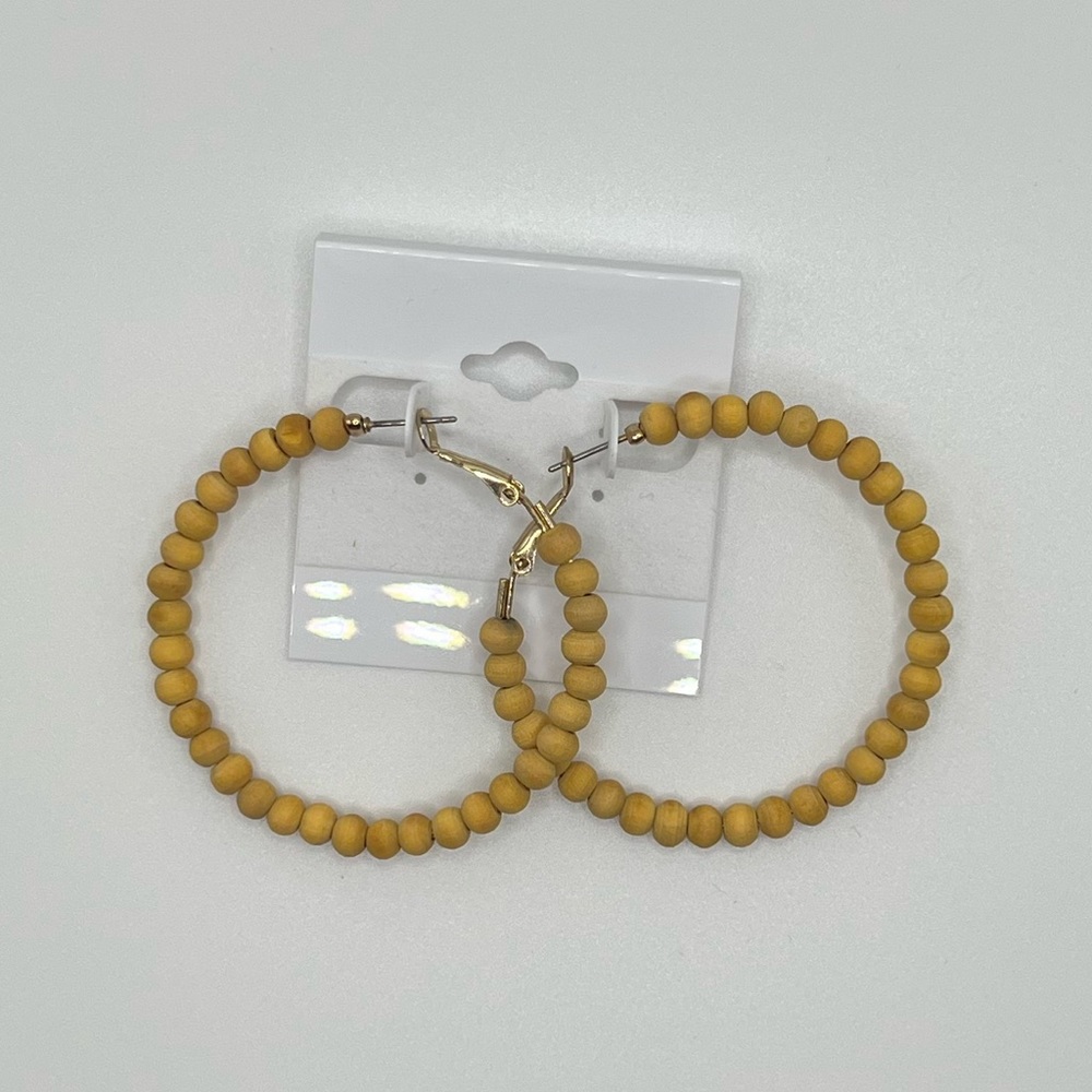 Mustard Wooden Bead Hoop Earrings